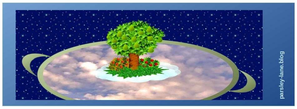 Artwork: Pot filled with a sea of clouds and a small island with a pear tree on it. Illustration for recipe ‘Heaven, Earth and Green’ (plant-based re-invention of classical harvest time dish). Name: ‘Heaven, Earth and Green’. By MagS, © 2023, MagS, Parsley-Lane Blog. All rights reserved.